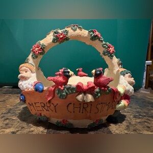 Holiday Cardinal Basket Decor - Merry Christmas Ceramic Accent